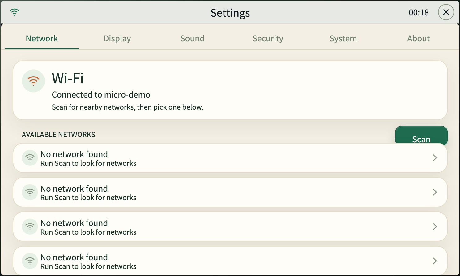 Settings app showing a Wi-Fi network list and connect controls